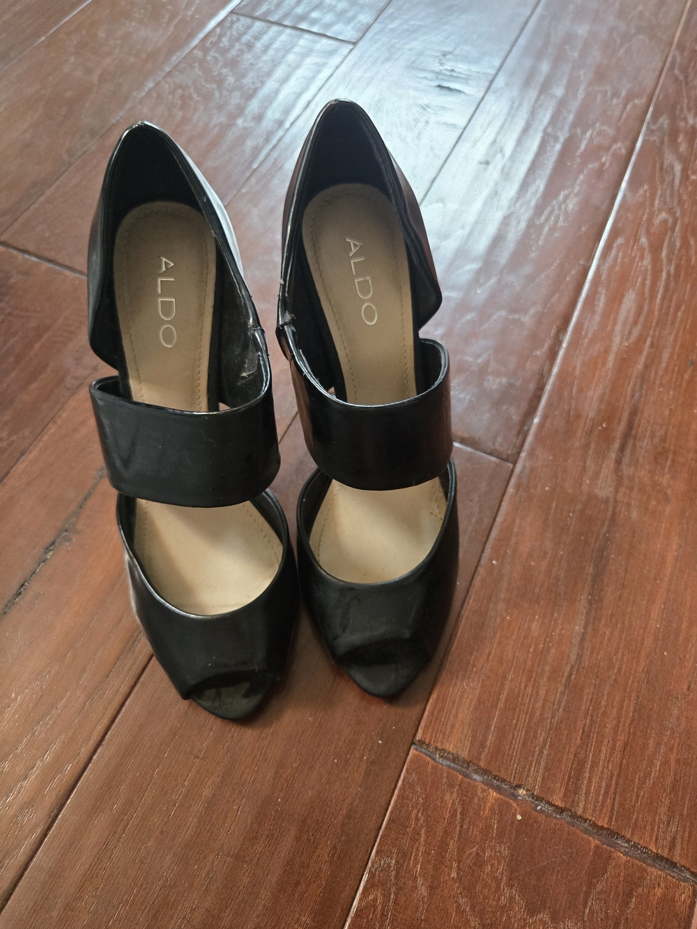 Aldo Black Patent Leather Mary Jane Peep-Toe Heels